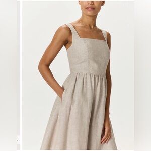 Quince Neutral Linen Square-Neck Midi Dress in Taupe with Adjustable Straps